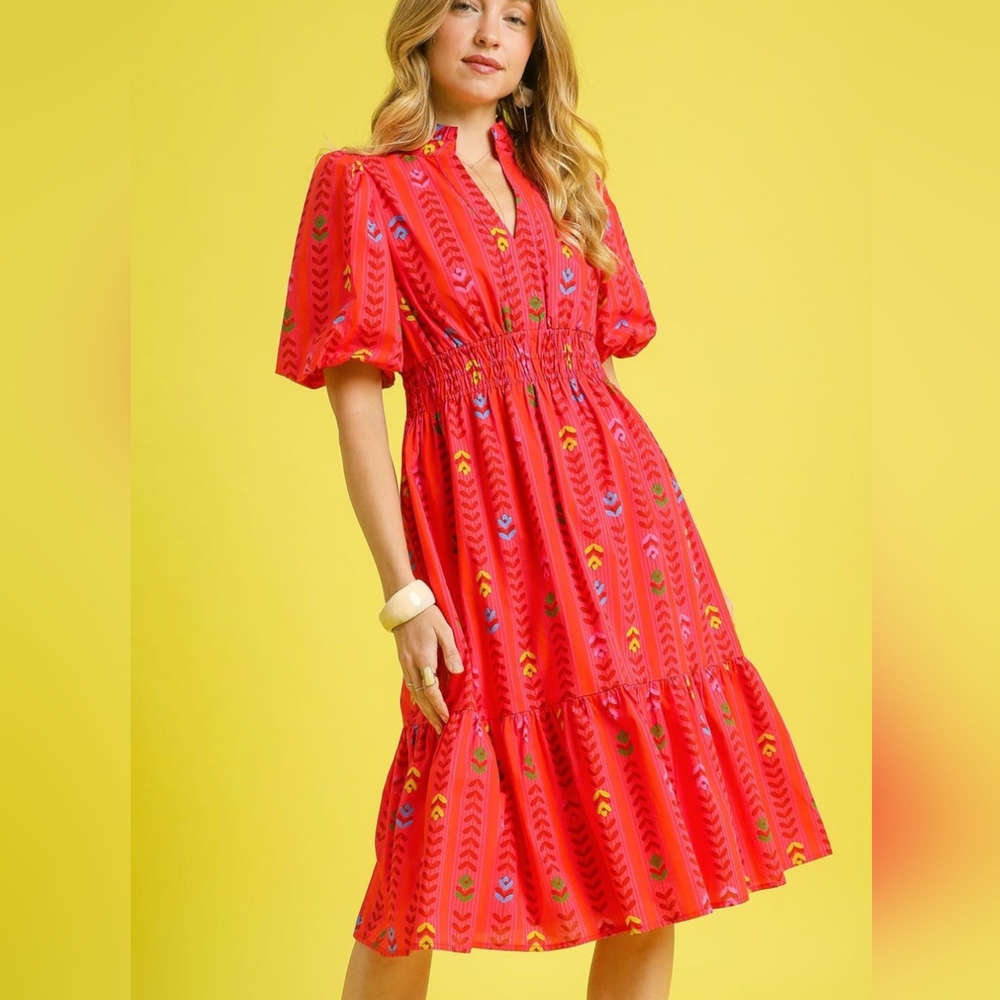 Umgee Printed Midi Dress with Ruffled Hem